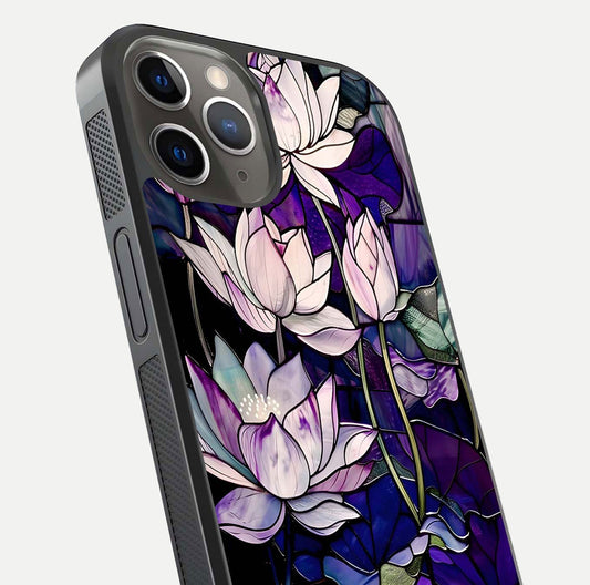 Purple Lotus Pattern Glass Case for iPhone 13 Pro close-up angled shot showing petal texture and HD reflection