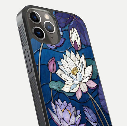 Purple Lotus Stained Glass Case for iPhone 13 Pro close-up angled shot highlighting glass pattern and reflection