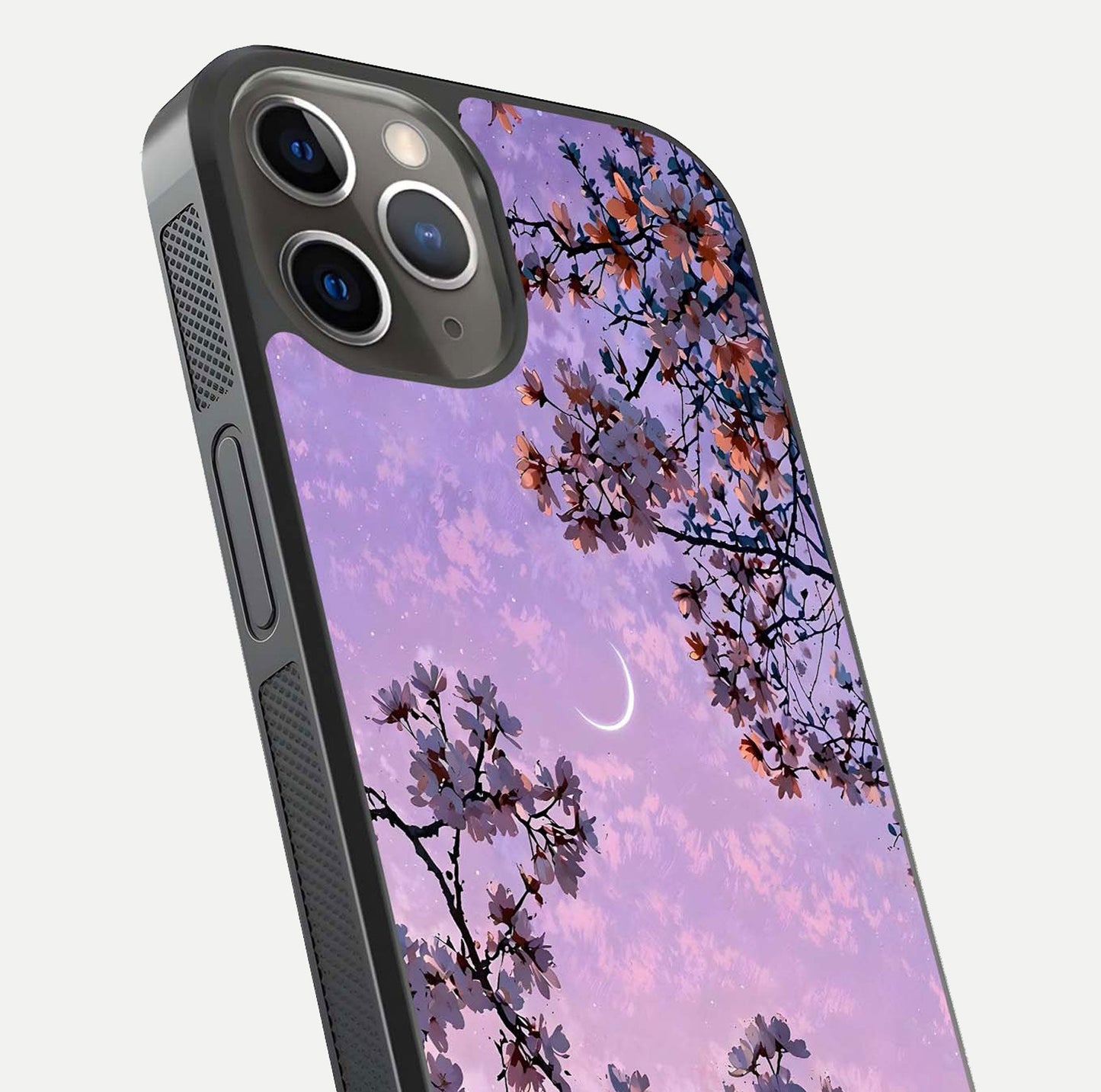 Purple Serenity Moon Glass Case for iPhone 13 Pro close-up angled shot showing reflection and gradient purple hues