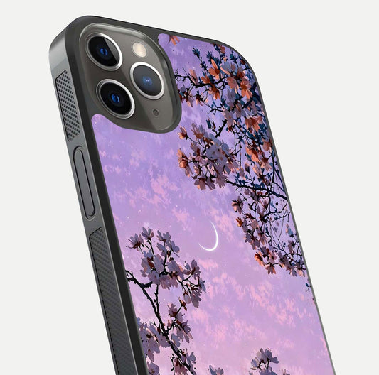 Purple Serenity Moon Glass Case for iPhone 13 Pro close-up angled shot showing reflection and gradient purple hues