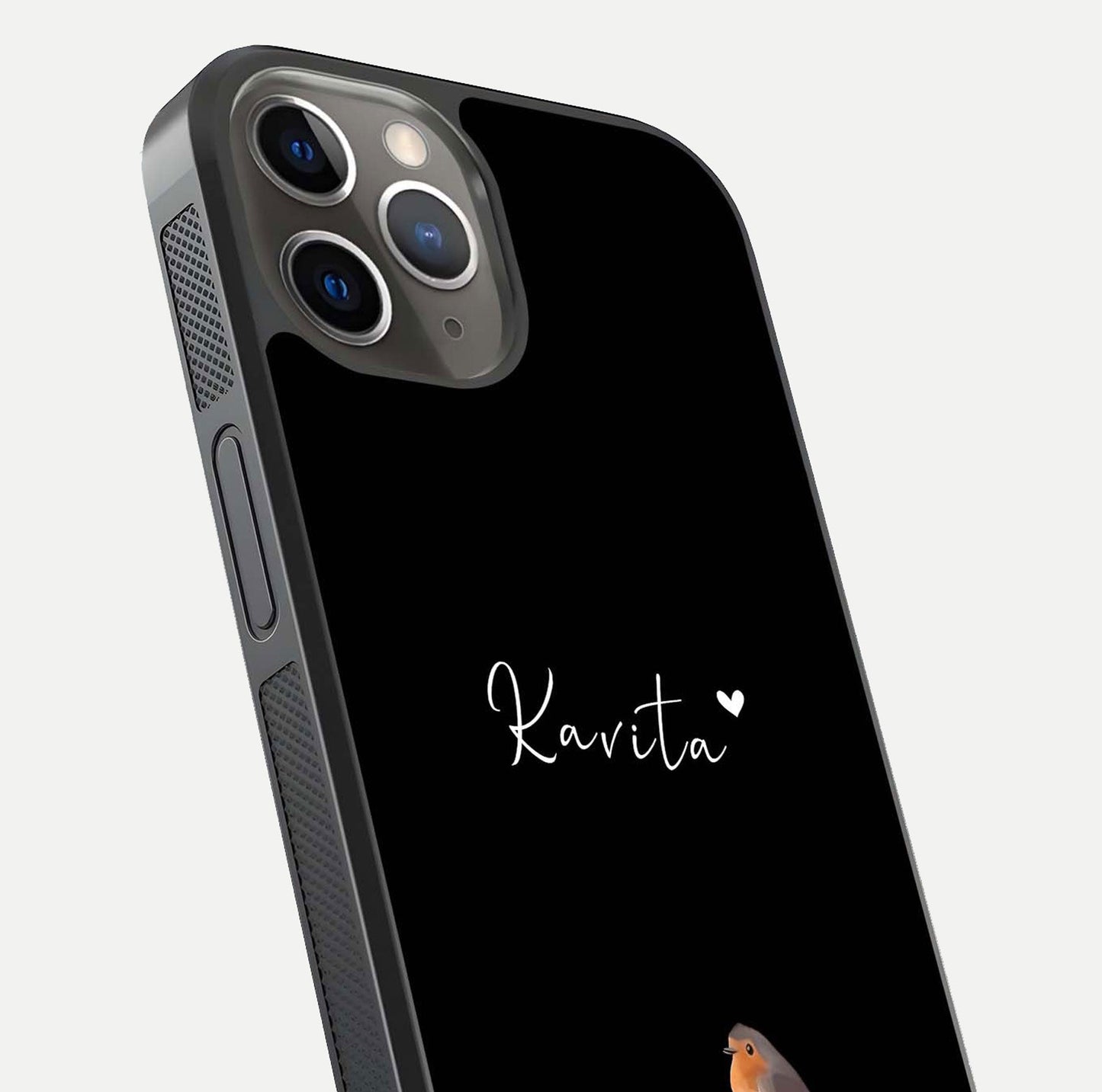 Quiet Garden Tune Custom Name Glass Case for iPhone 13 Pro close-up angled shot showing soft tones and gloss reflection