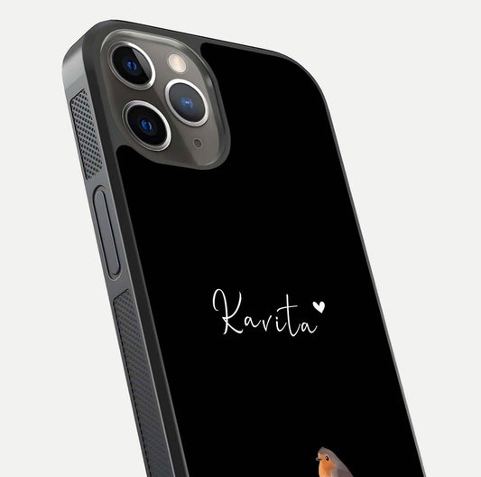 Quiet Garden Tune Custom Name Glass Case for iPhone 13 Pro close-up angled shot showing soft tones and gloss reflection