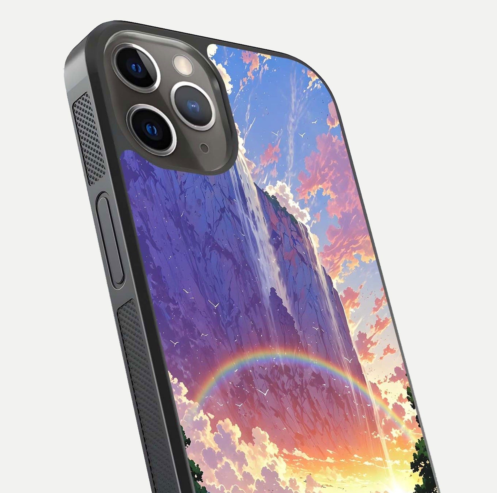 Rainbow Valley Dream Glass Case for iPhone 16 Pro close-up angled shot highlighting gradient tones and HD shine