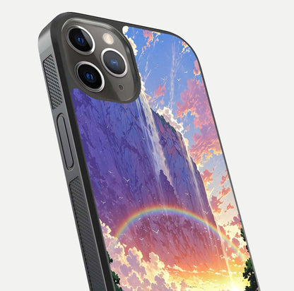 Rainbow Valley Dream Glass Case for iPhone 16 Pro close-up angled shot highlighting gradient tones and HD shine