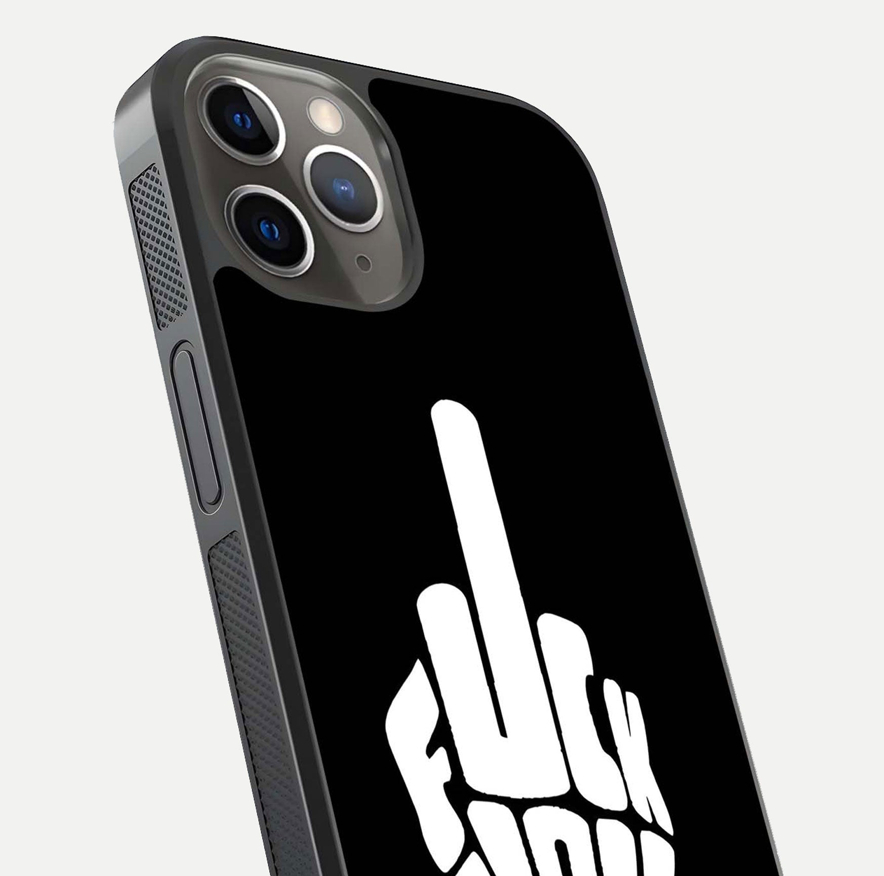 Rebel Mode On Glass Case for iPhone 13 Pro close-up angled shot highlighting reflective text and sharp design