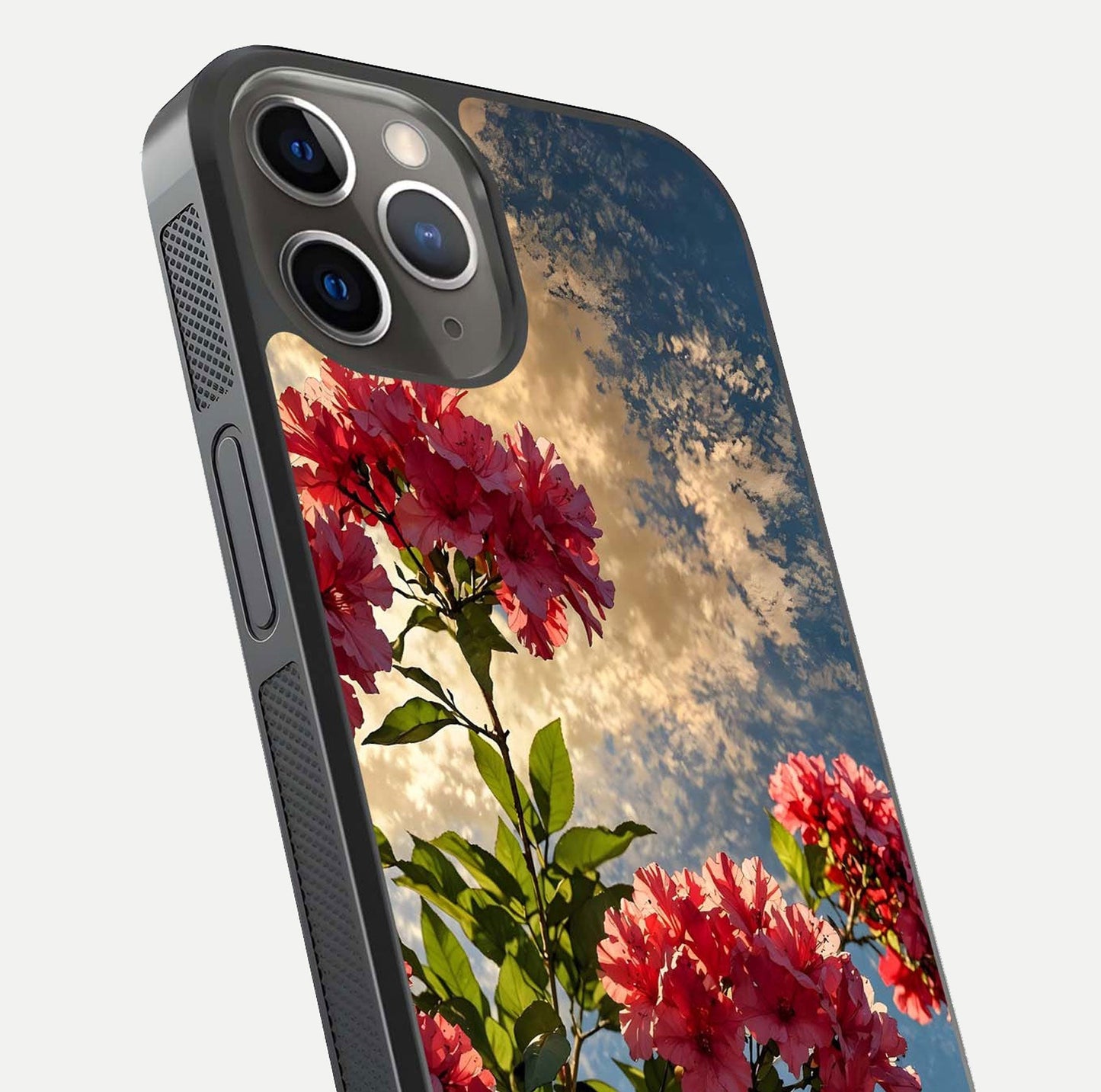 Red Bloom Skies Glass Case for iPhone 13 Pro close-up angled shot highlighting detailed blooms and reflection