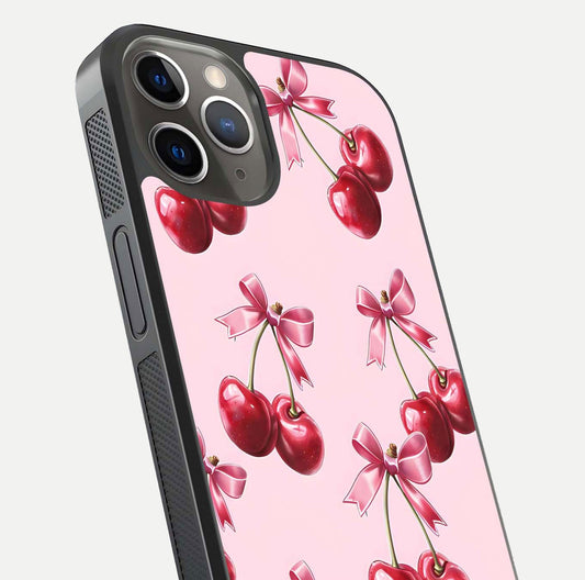 Red Cherries Pattern Glass Case for iPhone 13 Pro close-up angled shot showing cherry details and HD reflection
