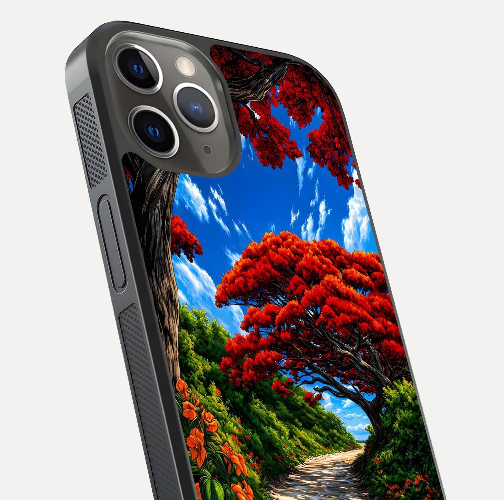 Red Trees Pathway Glass Case for iPhone 13 Pro close-up angled shot highlighting forest detail and reflection