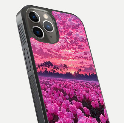 Rose Sunset Valley Glass Case for iPhone 13 Pro close-up angled shot showing rose detailing and golden hues