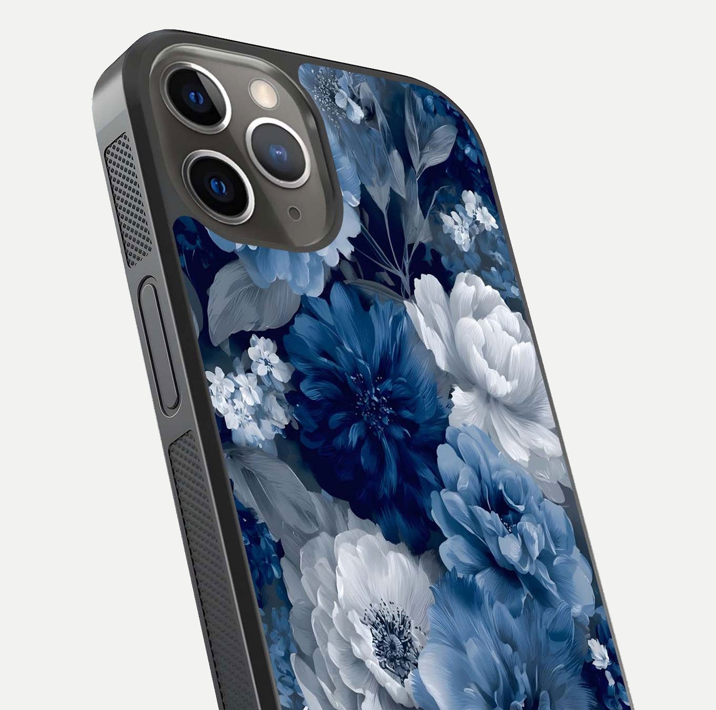 Royal Bloom Garden Glass Case for iPhone 13 Pro close-up angled shot highlighting royal bloom texture and reflection
