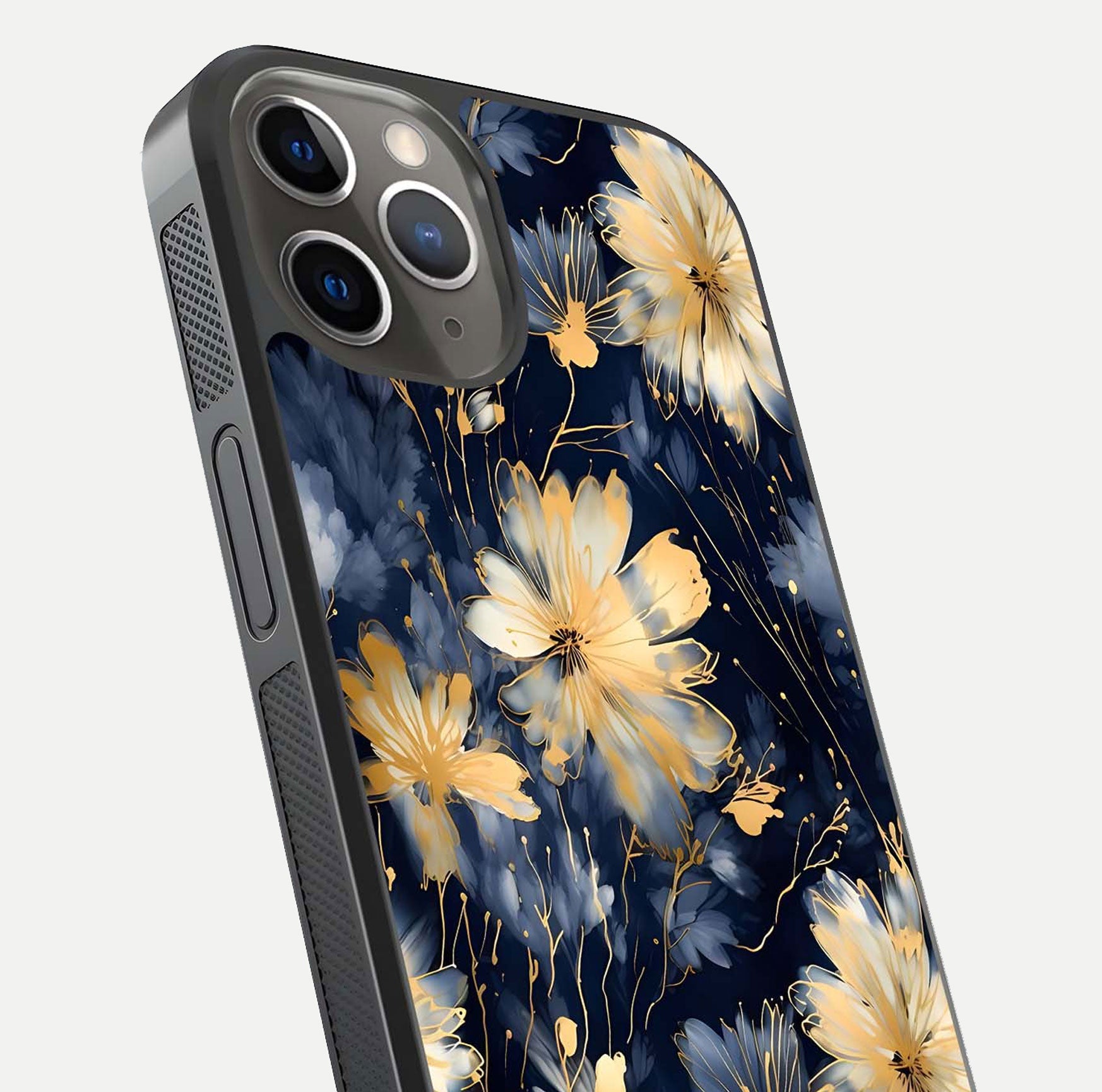 Royal Petal Dream Glass Case for iPhone 13 Pro close-up angled shot highlighting petal texture and reflection depth