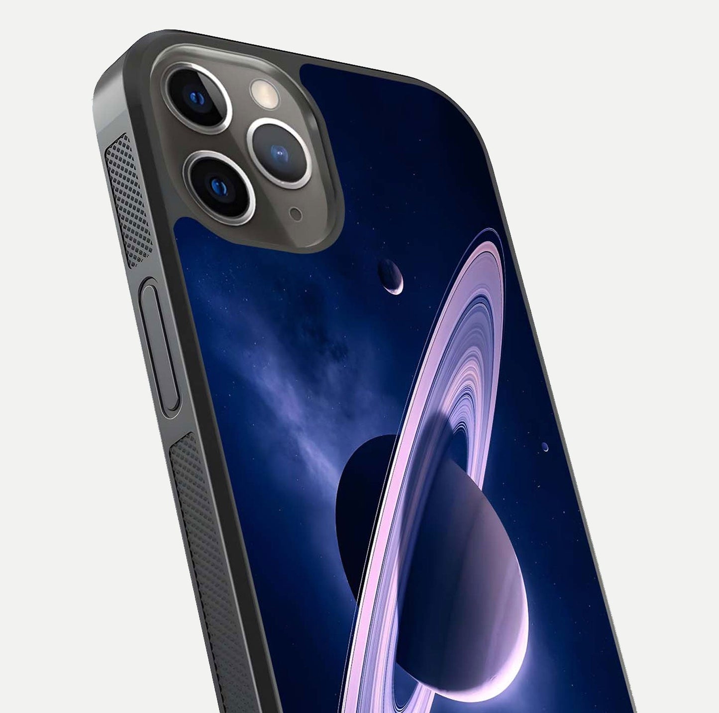 Saturn Ring Mystique Glass Case for iPhone 13 Pro close-up angled shot highlighting ring detail and HD reflection