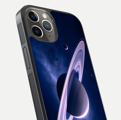 Saturn Ring Mystique Glass Case for iPhone 13 Pro close-up angled shot highlighting ring detail and HD reflection
