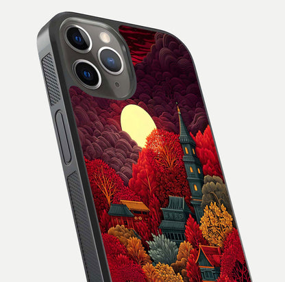 Scarlet Autumn Temple Glass Case for iPhone 13 Pro close-up angled shot highlighting golden leaves and reflection