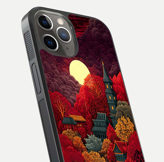 Scarlet Autumn Temple Glass Case for iPhone 13 Pro close-up angled shot highlighting golden leaves and reflection