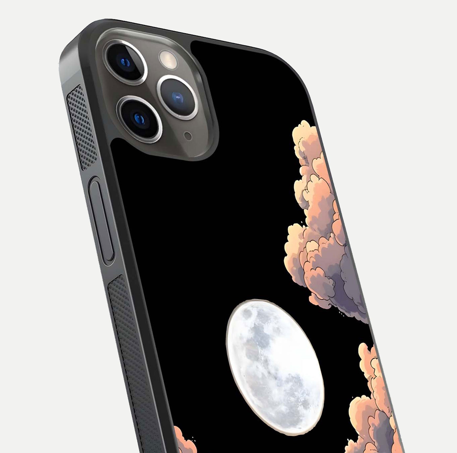 Shade Cloud Moon Glass Case for iPhone 13 Pro close-up angled shot highlighting moon reflection and depth