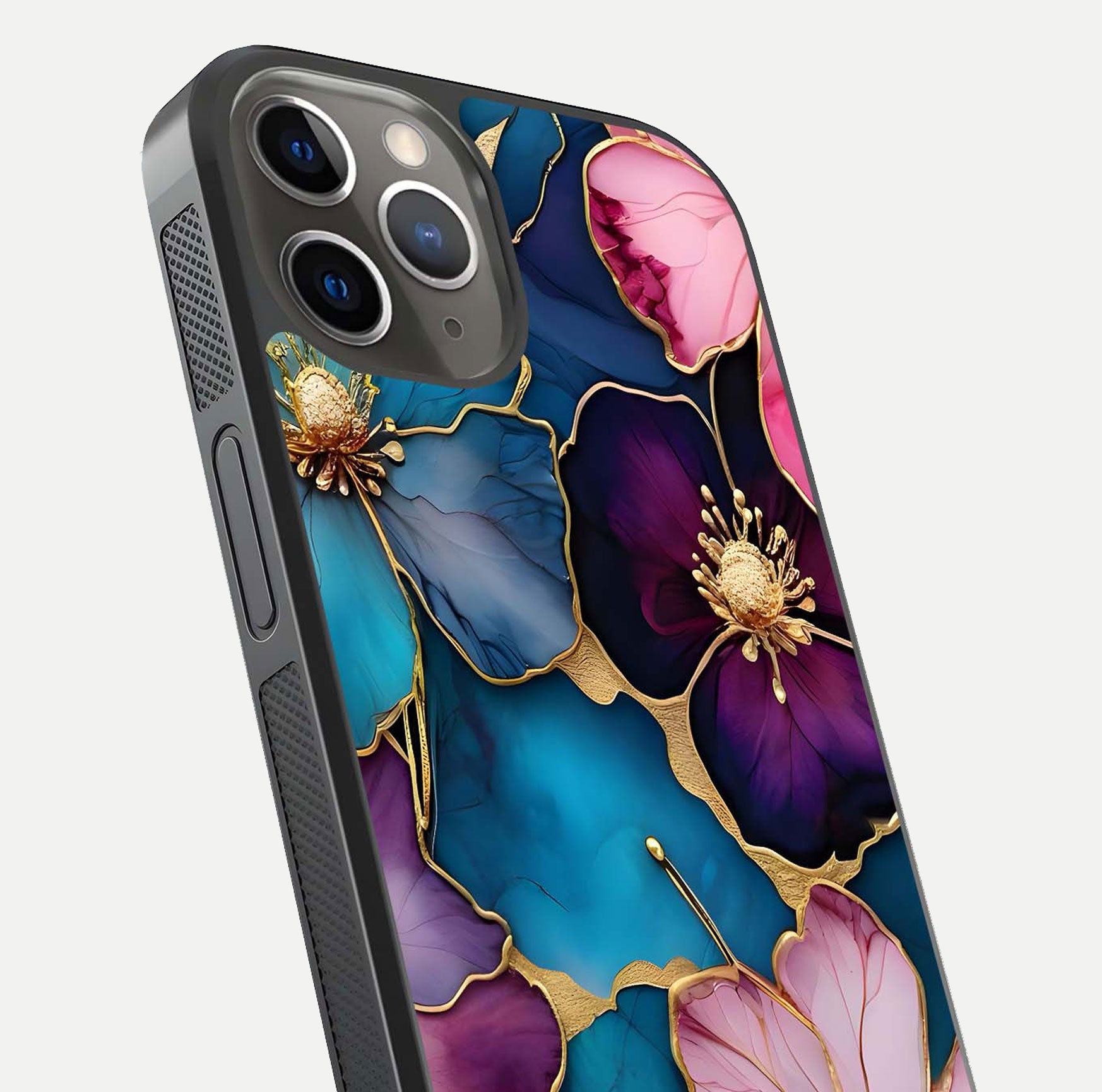 Sparkle Floral Glass Case for iPhone 13 Pro close-up angled shot highlighting shimmer details and reflection