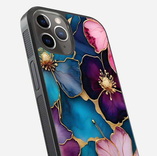 Sparkle Floral Glass Case for iPhone 13 Pro close-up angled shot highlighting shimmer details and reflection