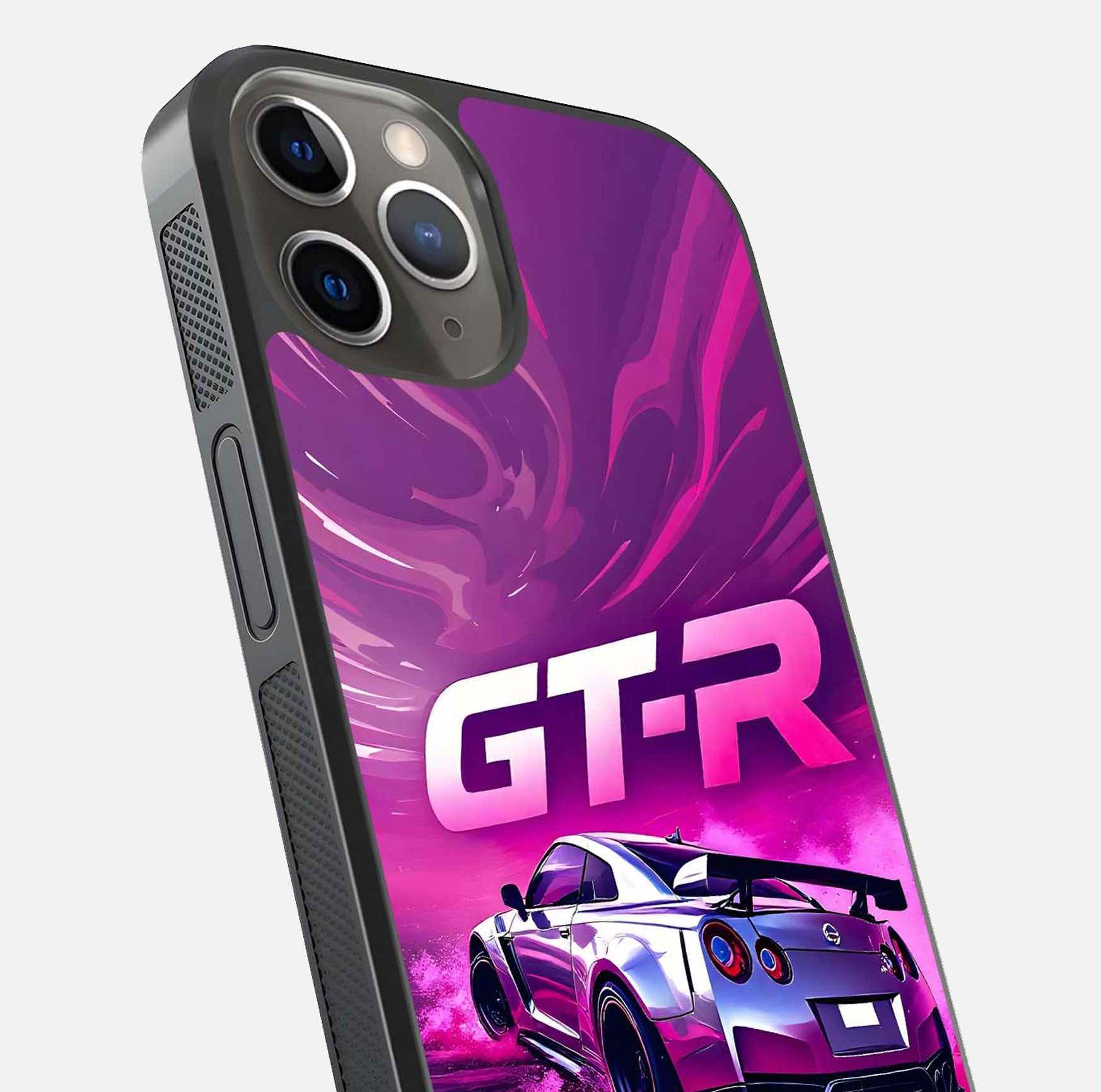 Speed Drift Legend Glass Case for iPhone 13 Pro close-up angled shot highlighting speed lines and reflection