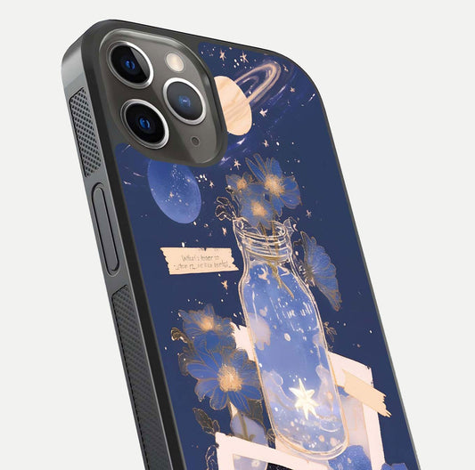 Starlit Cosmic Jar Glass Case for iPhone 13 Pro close-up angled shot highlighting stars, reflections, and HD shine