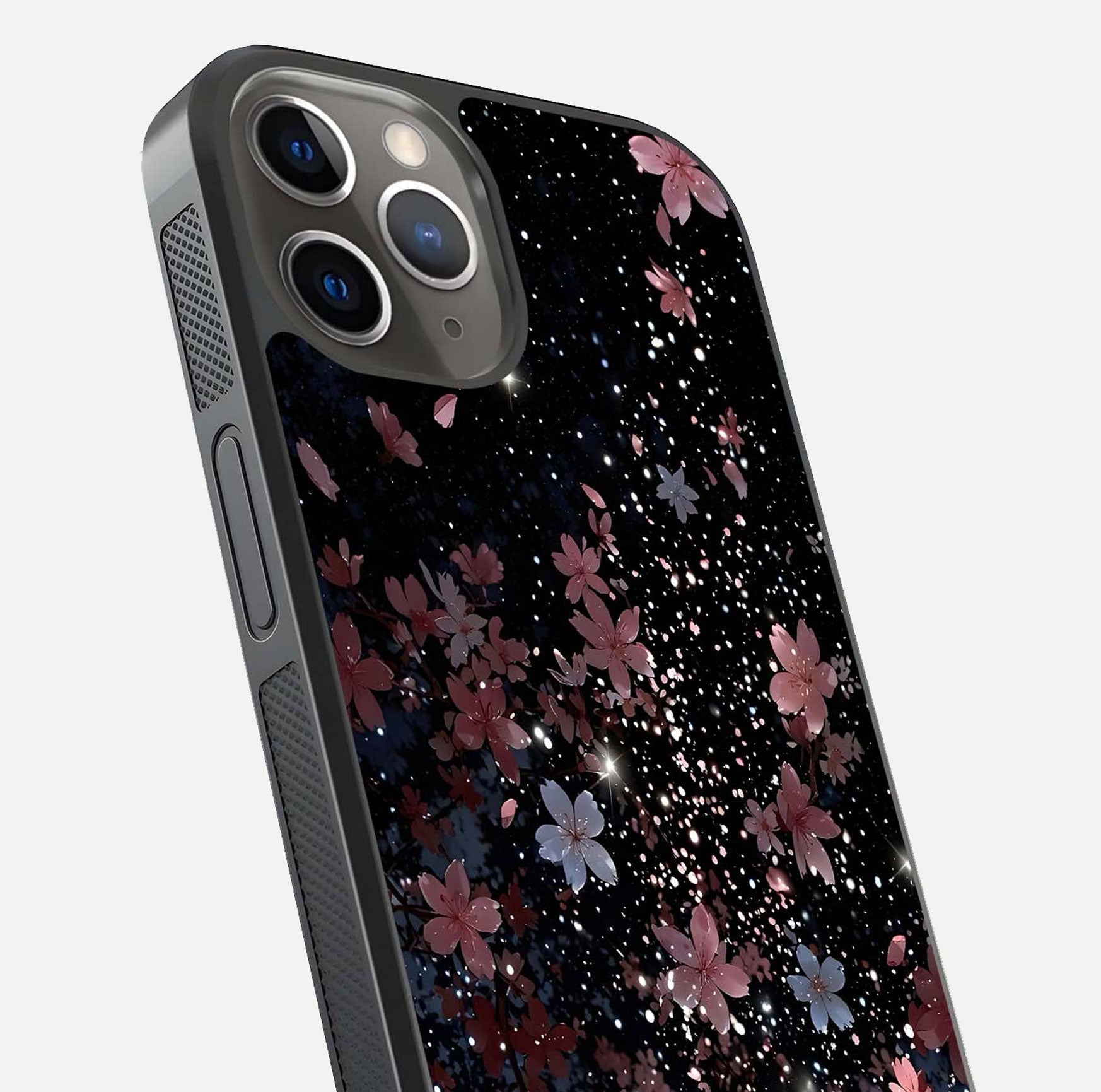 Starlit Flower Dreams Glass Case for iPhone 13 Pro close-up angled shot highlighting petal reflection and HD depth