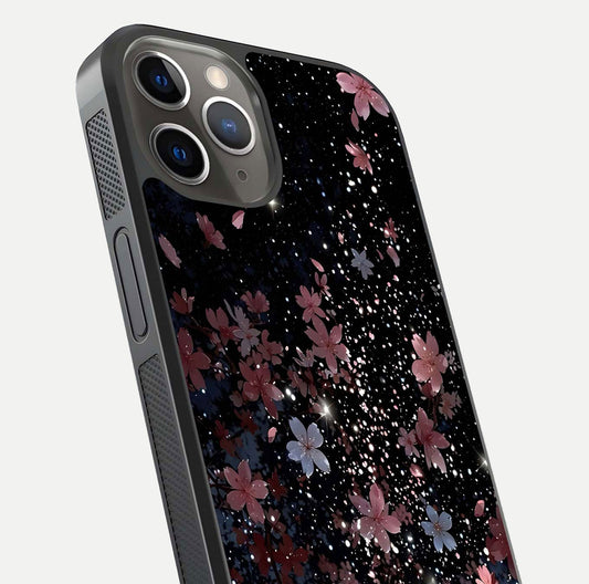 Starlit Flower Dreams Glass Case for iPhone 13 Pro close-up angled shot highlighting petal reflection and HD depth