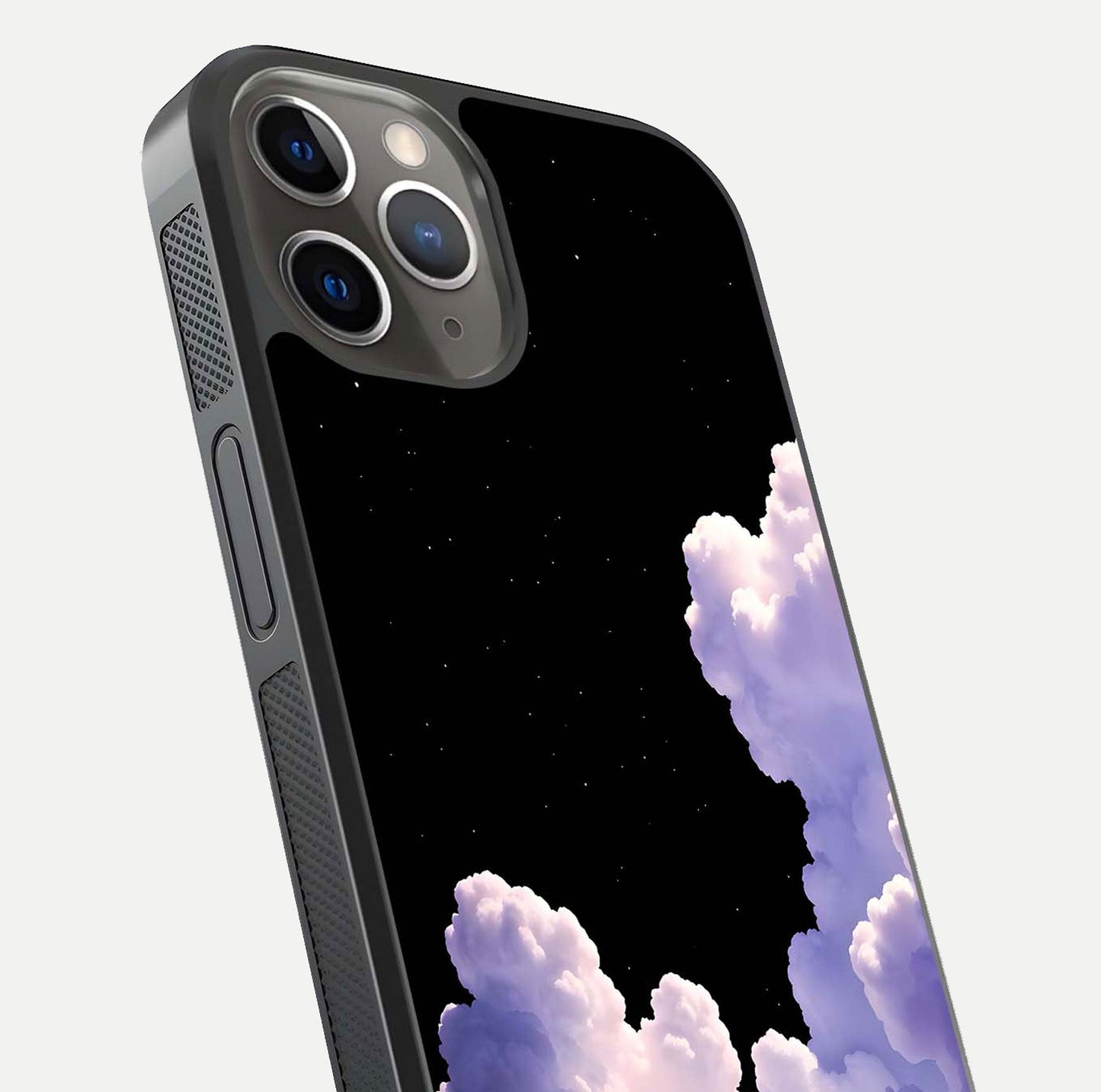 Starlit Night Whispers Glass Case for iPhone 13 Pro close-up angled shot highlighting stars and reflection