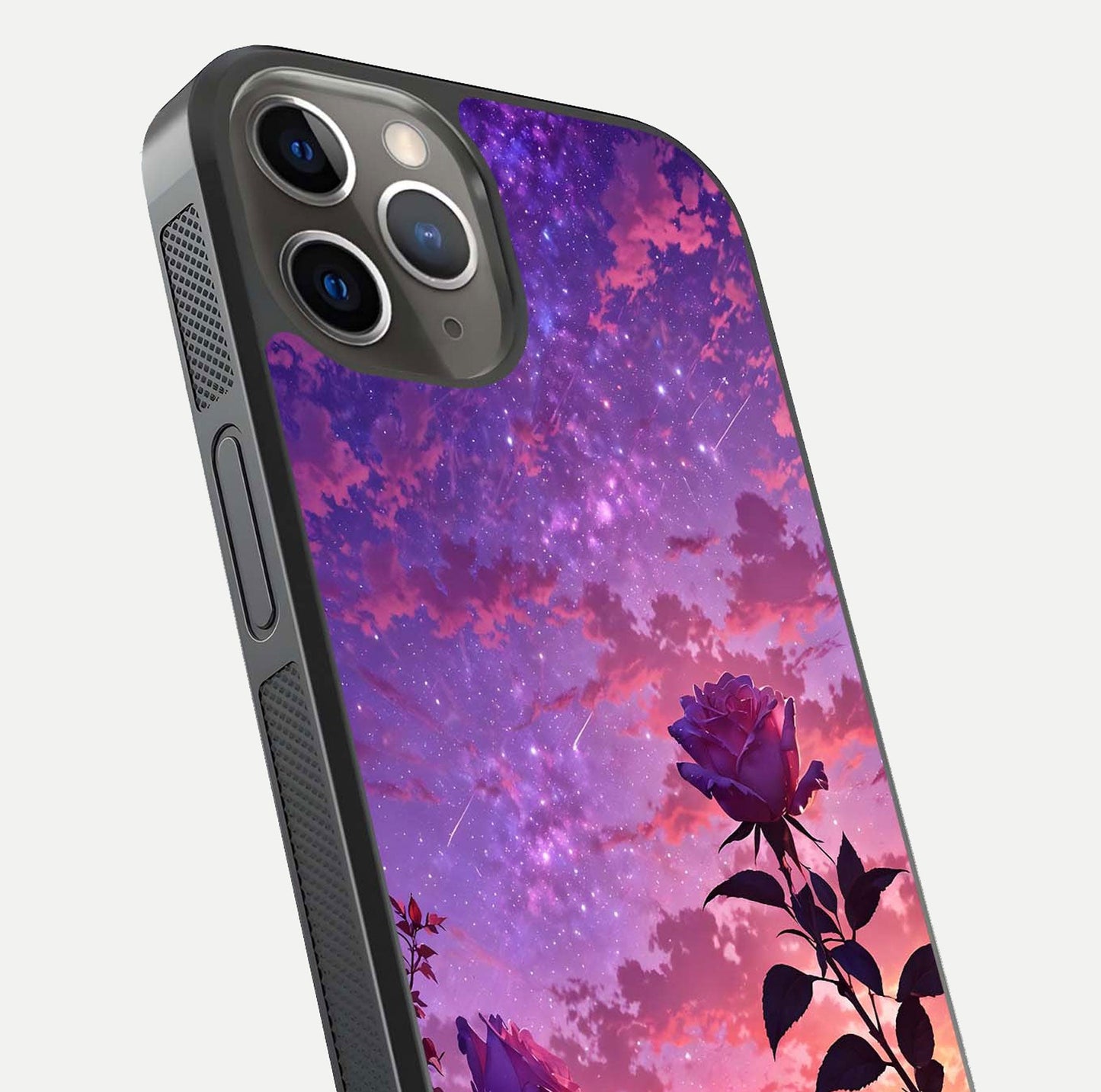 Starlit Rose Twilight Glass Case for iPhone 13 Pro close-up angled shot highlighting rose detail and reflection