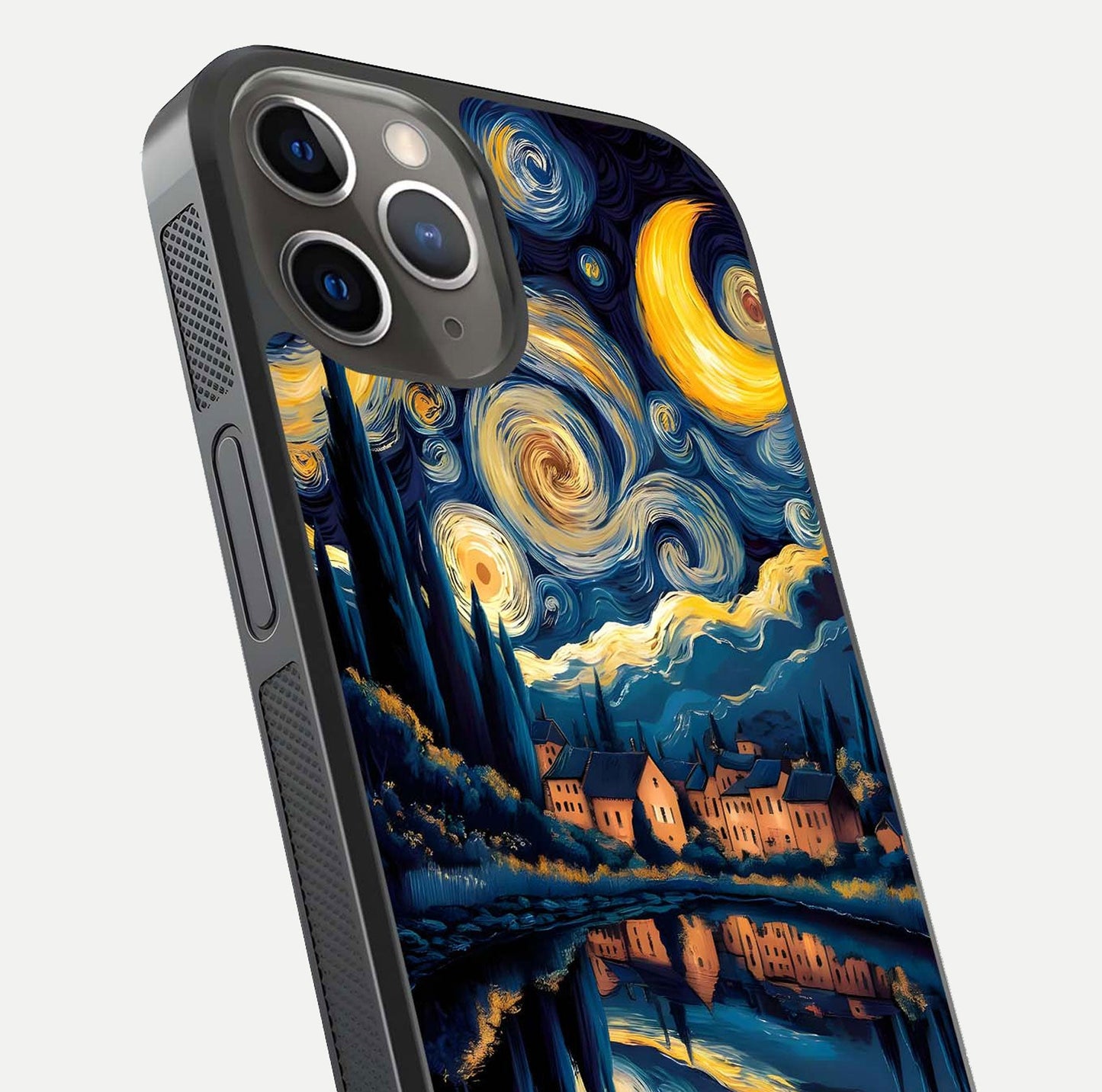 Starry Sky Serenity Glass Case for iPhone 13 Pro close-up angled shot highlighting light reflection and blue hues