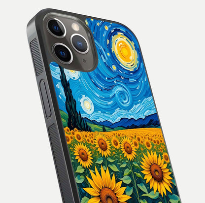Starry Sunflower Dreams Glass Case for iPhone 13 Pro close-up angled shot highlighting petal texture and gloss