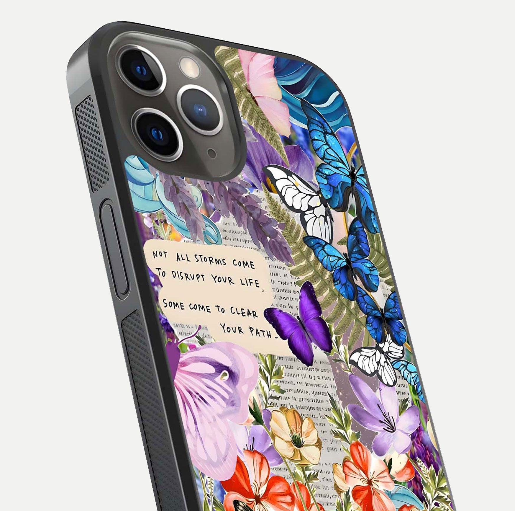Storm Path Bloom Glass Case for iPhone 13 Pro close-up angled shot highlighting bloom texture and reflection