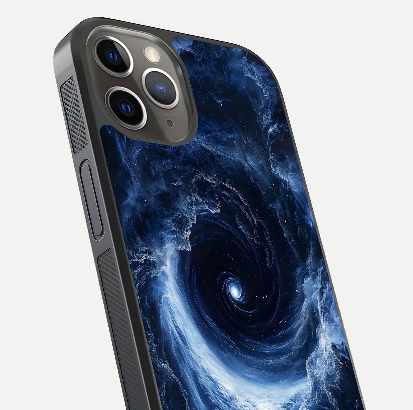 Stunning Galaxy Glass Case for iPhone 13 Pro close-up angled shot highlighting nebula tones and HD reflection
