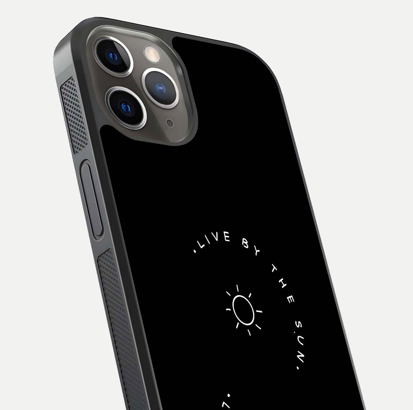 Sun Moon Balance Glass Case for iPhone 13 Pro close-up angled shot highlighting cosmic art and HD reflection