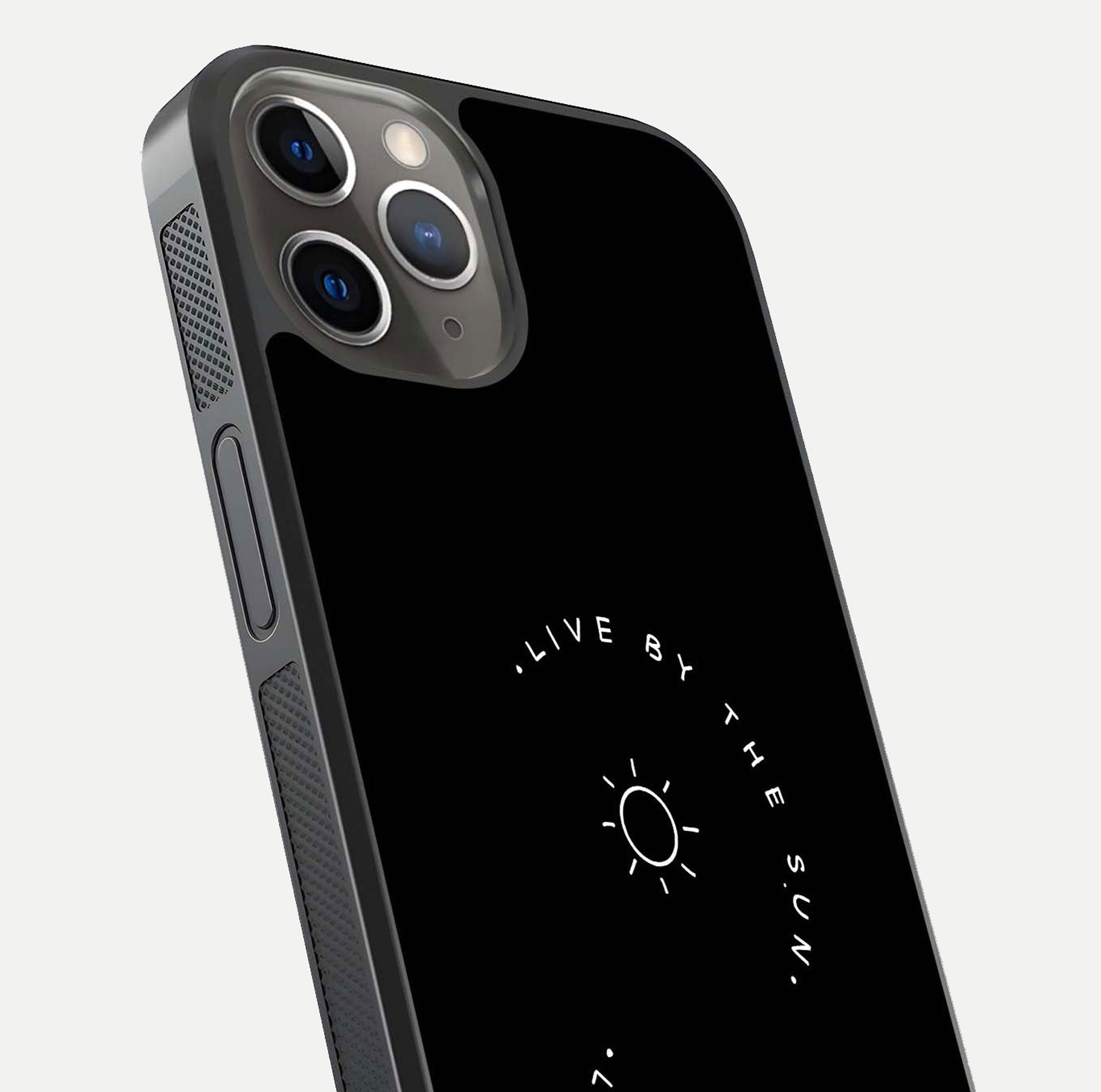 Sun Moon Balance Glass Case for iPhone 13 Pro close-up angled shot highlighting cosmic art and HD reflection