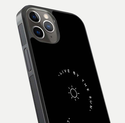 Sun Moon Balance Glass Case for iPhone 13 Pro close-up angled shot highlighting cosmic art and HD reflection
