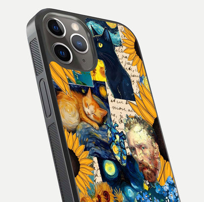 Sunflower Cat Art Glass Case for iPhone 13 Pro close-up angled shot highlighting yellow tones and art reflection