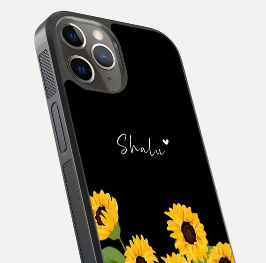 Sunflower Chic Mood Custom Name Glass Case for iPhone 16 Pro close-up angled shot showing HD sunflower pattern