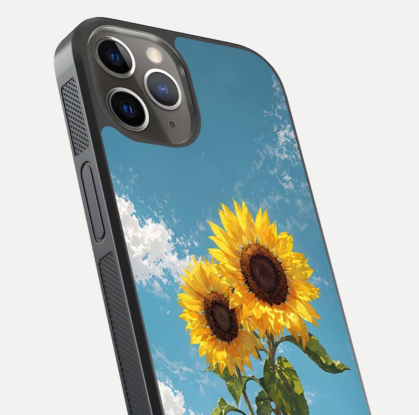 Sunflower Sky Bloom Glass Case for iPhone 13 Pro close-up angled shot highlighting petal details and reflection
