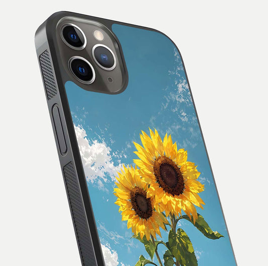 Sunflower Sky Bloom Glass Case for iPhone 13 Pro close-up angled shot highlighting petal details and reflection