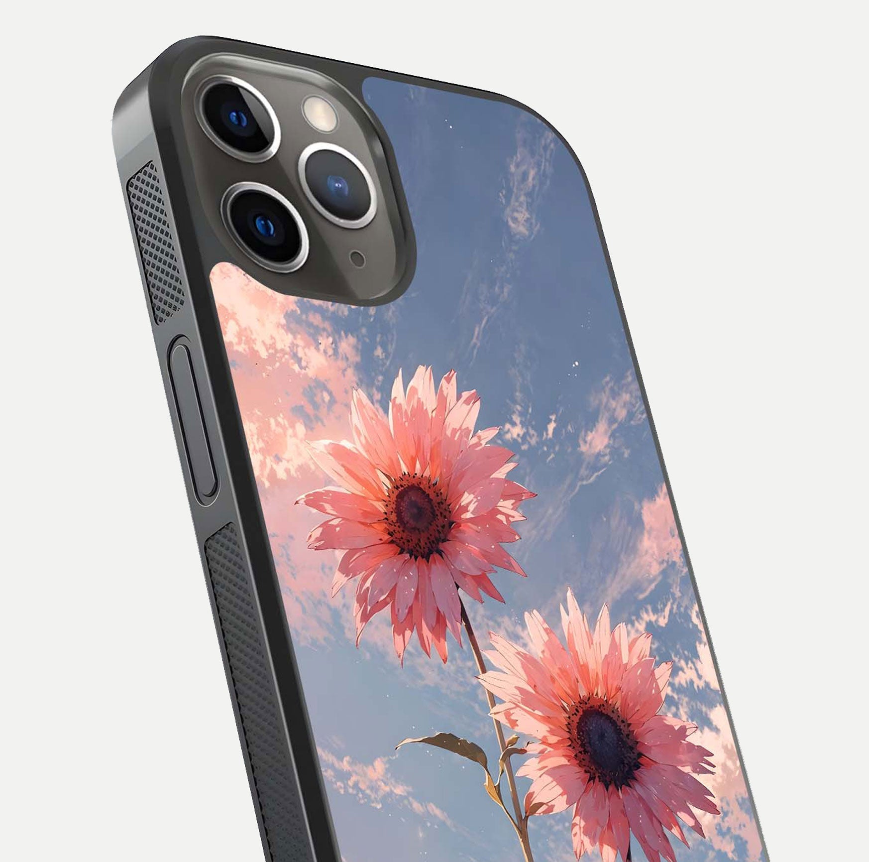Sunlit Daisy Glow Glass Case for iPhone 13 Pro close-up angled shot highlighting petal texture and reflection