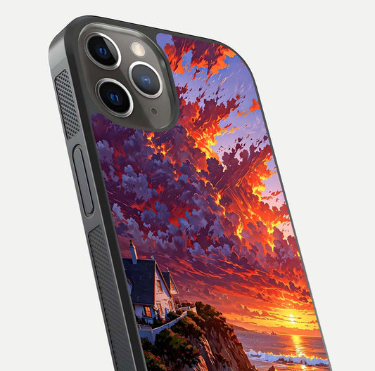 Sunset House by Sea Glass Case for iPhone 13 Pro close-up angled shot highlighting sunset tones and water glow
