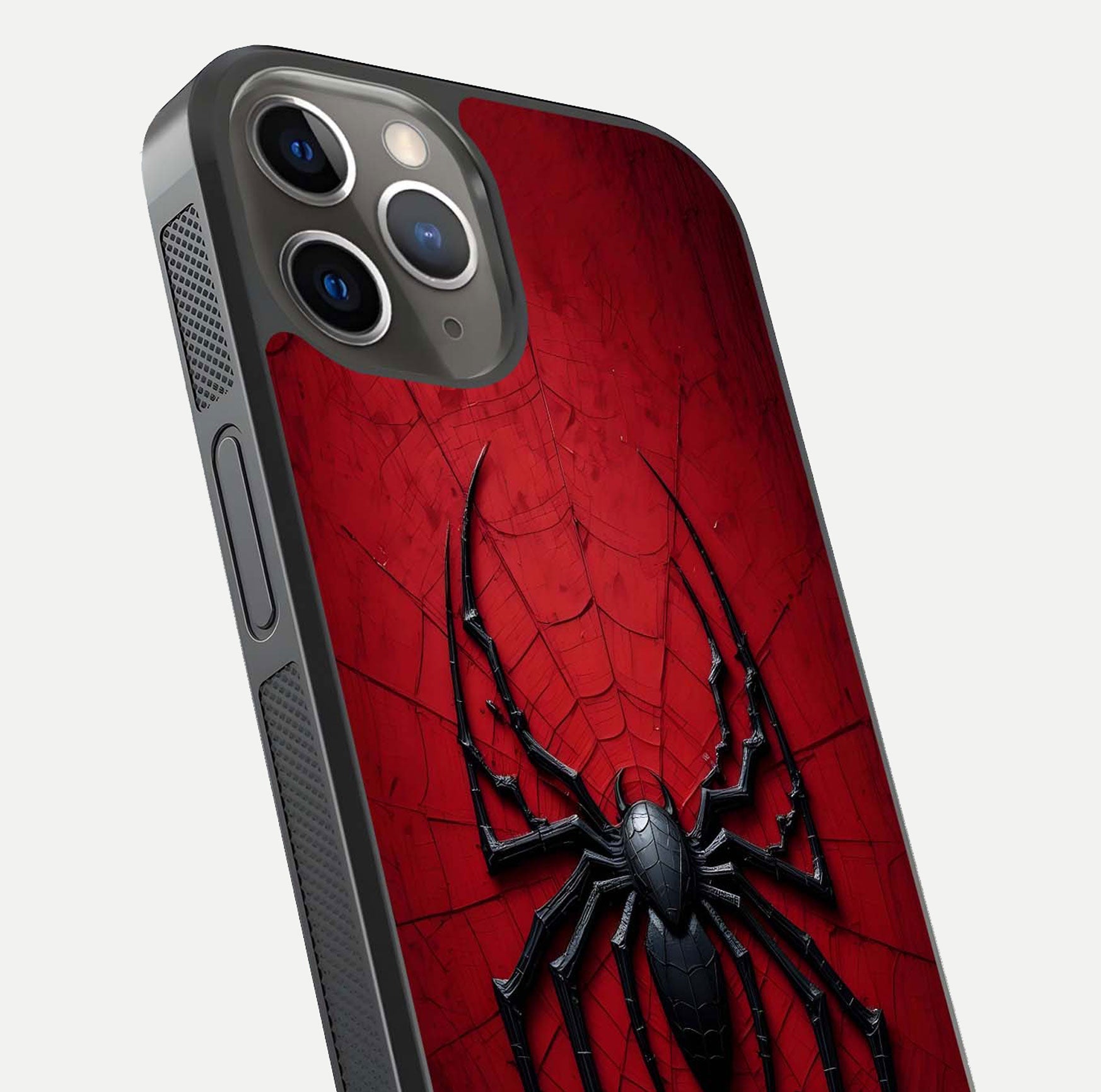 Venom Web Emblem Glass Case for iPhone 13 Pro close-up angled shot highlighting sharp logo lines and reflection