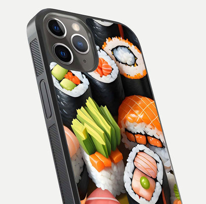 Sushi Food Pattern Glass Case for iPhone 13 Pro close-up angled shot highlighting colorful sushi prints and reflection