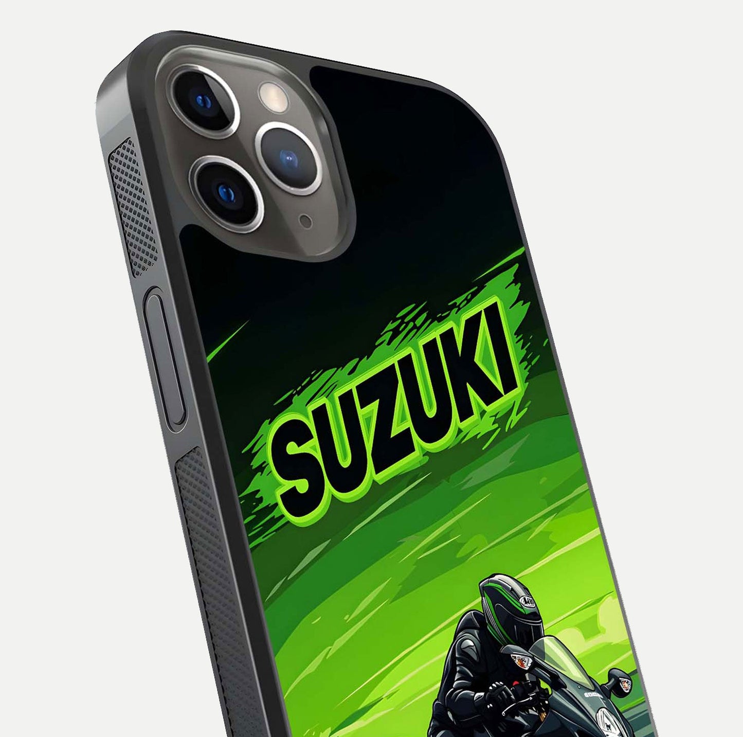 Suzuki Speed Beast Glass Case for iPhone 13 Pro close-up angled shot highlighting bold tones and reflection