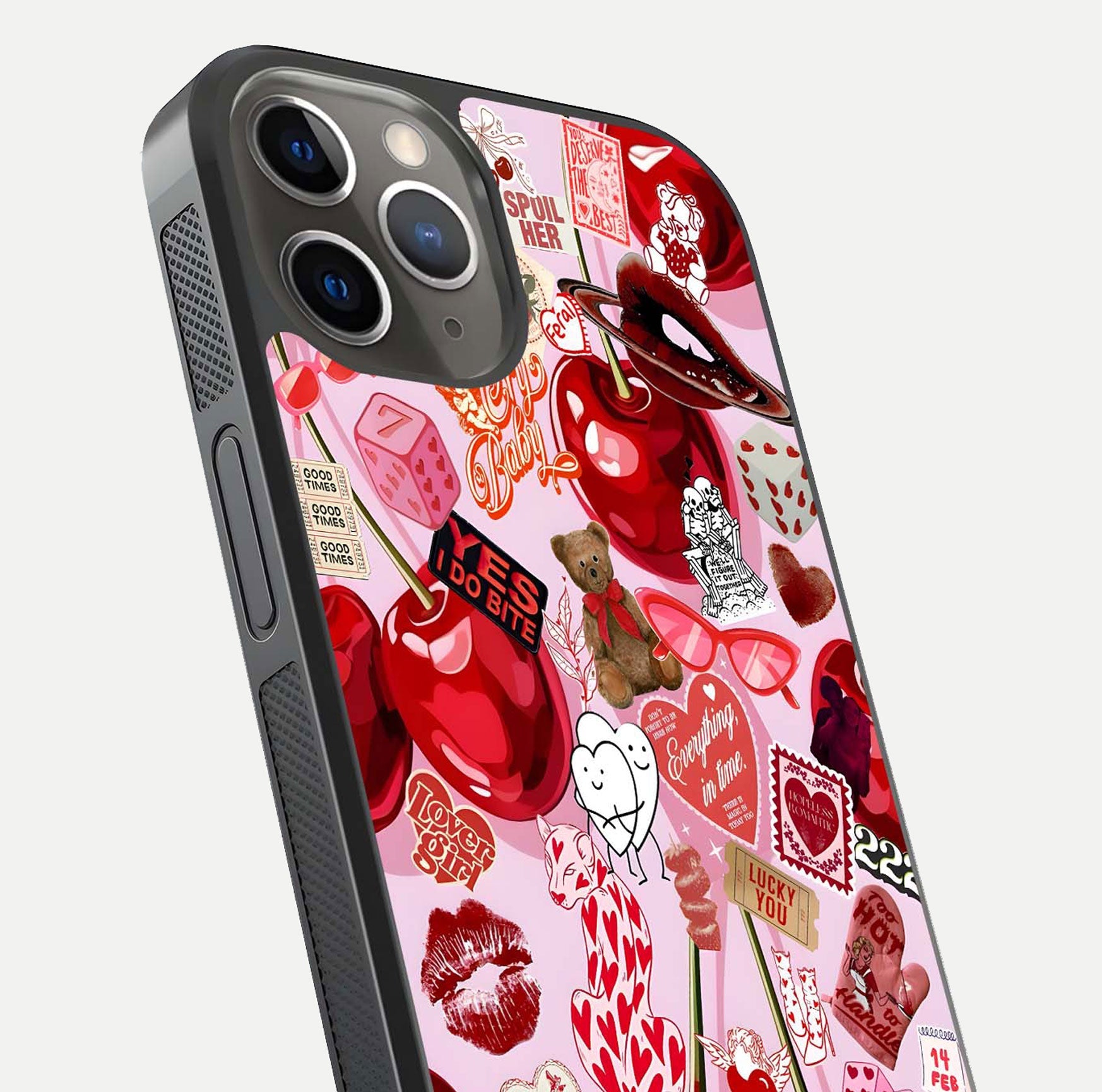 Sweet Cherry Chaos Glass Case for iPhone 13 Pro close-up angled shot highlighting red tone contrast and reflection