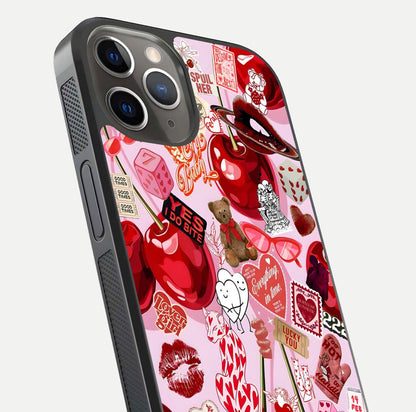 Sweet Cherry Chaos Glass Case for iPhone 13 Pro close-up angled shot highlighting red tone contrast and reflection