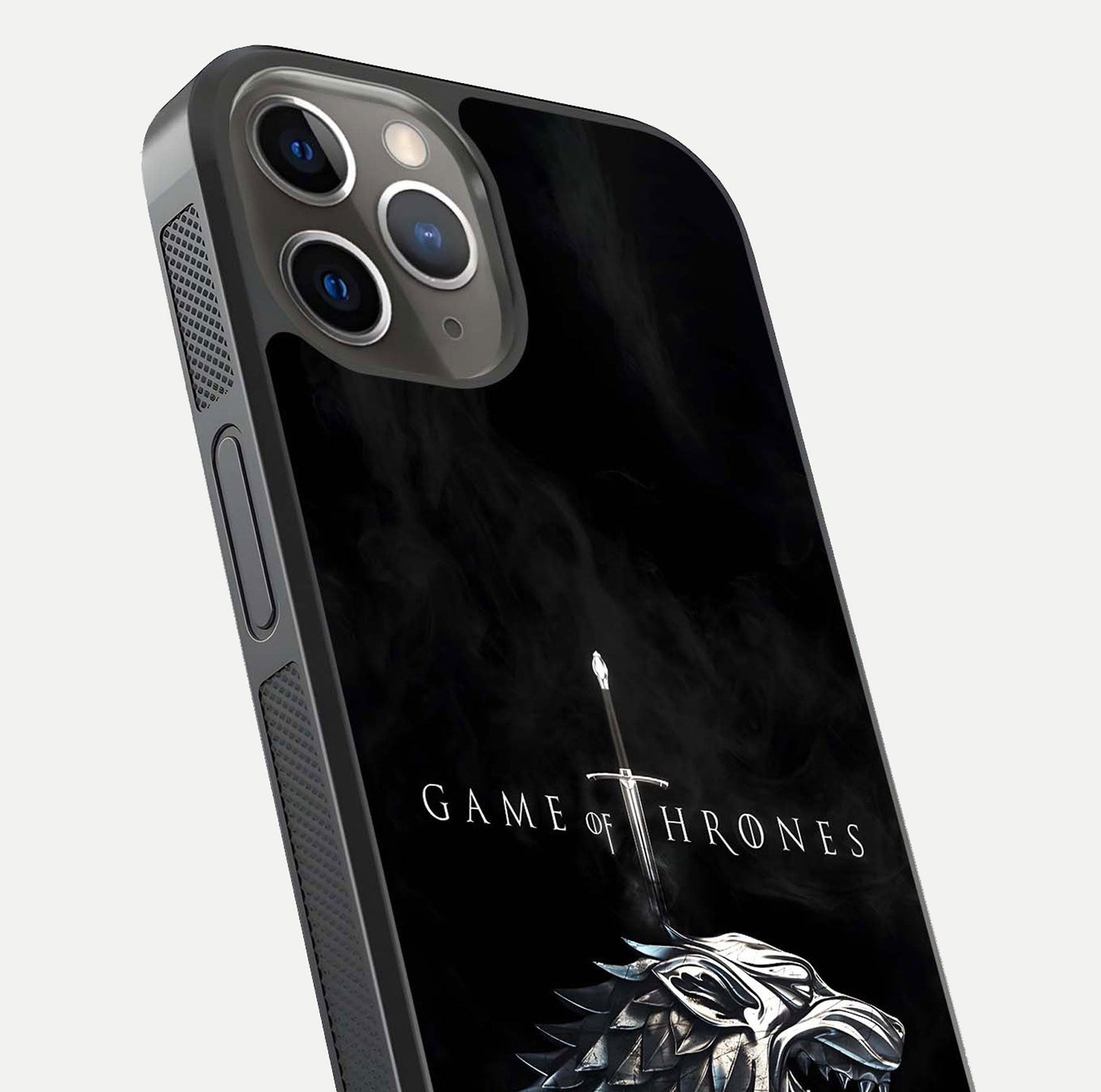 Throne Wolf Legacy Glass Case for iPhone 13 Pro close-up angled shot highlighting fur texture and reflection