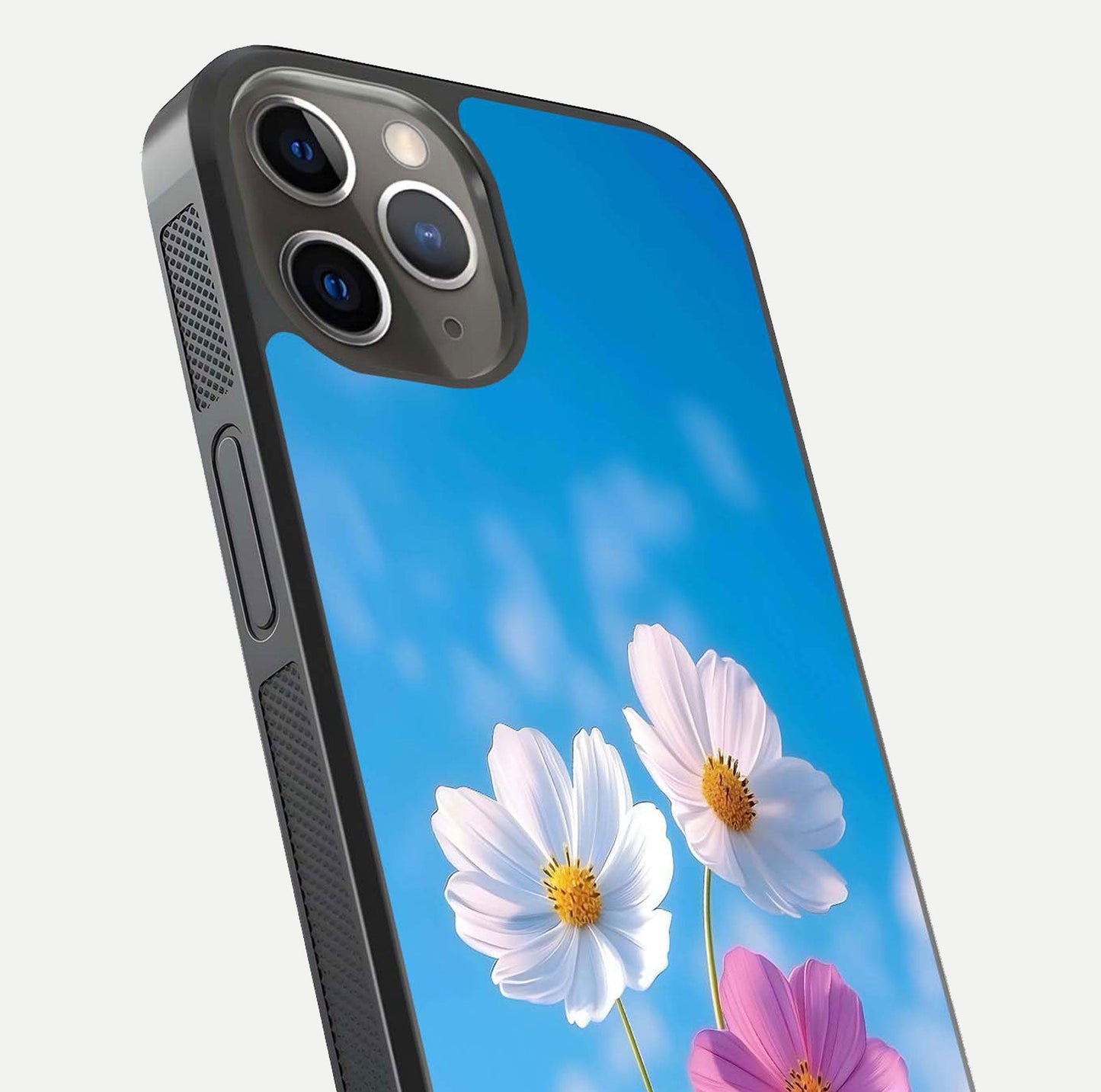 Triple Flowers With Sky Glass Case for iPhone 13 Pro close-up angled shot highlighting petal and reflection details