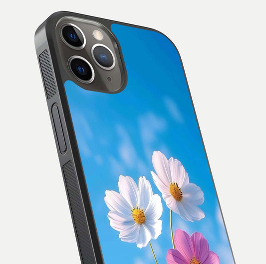 Triple Flowers With Sky Glass Case for iPhone 13 Pro close-up angled shot highlighting petal and reflection details