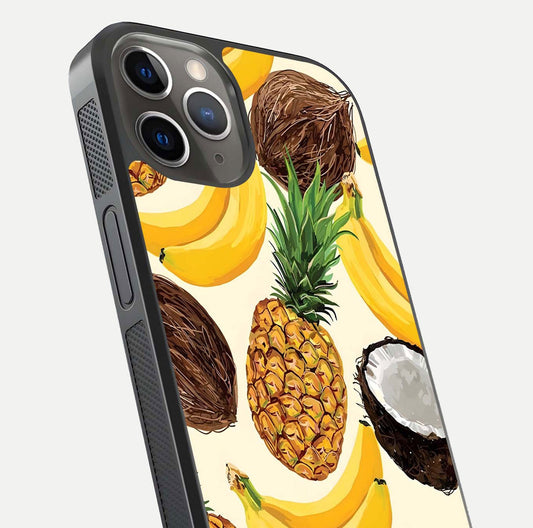 Tropical Fruit Mood Glass Case for iPhone 13 Pro close-up angled shot highlighting fruit texture and reflection